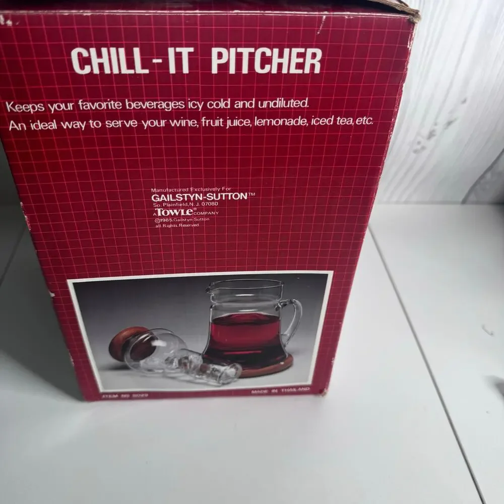 Vintage Towle Teak Wood Glass Pitcher w/ Cooling Ice Insert & Coaster 1985 NEW